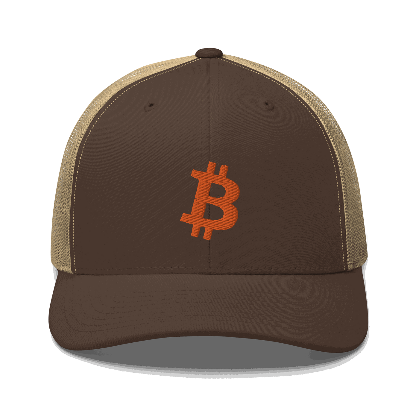 Front view of a brown and khaki bitcoin trucker cap.