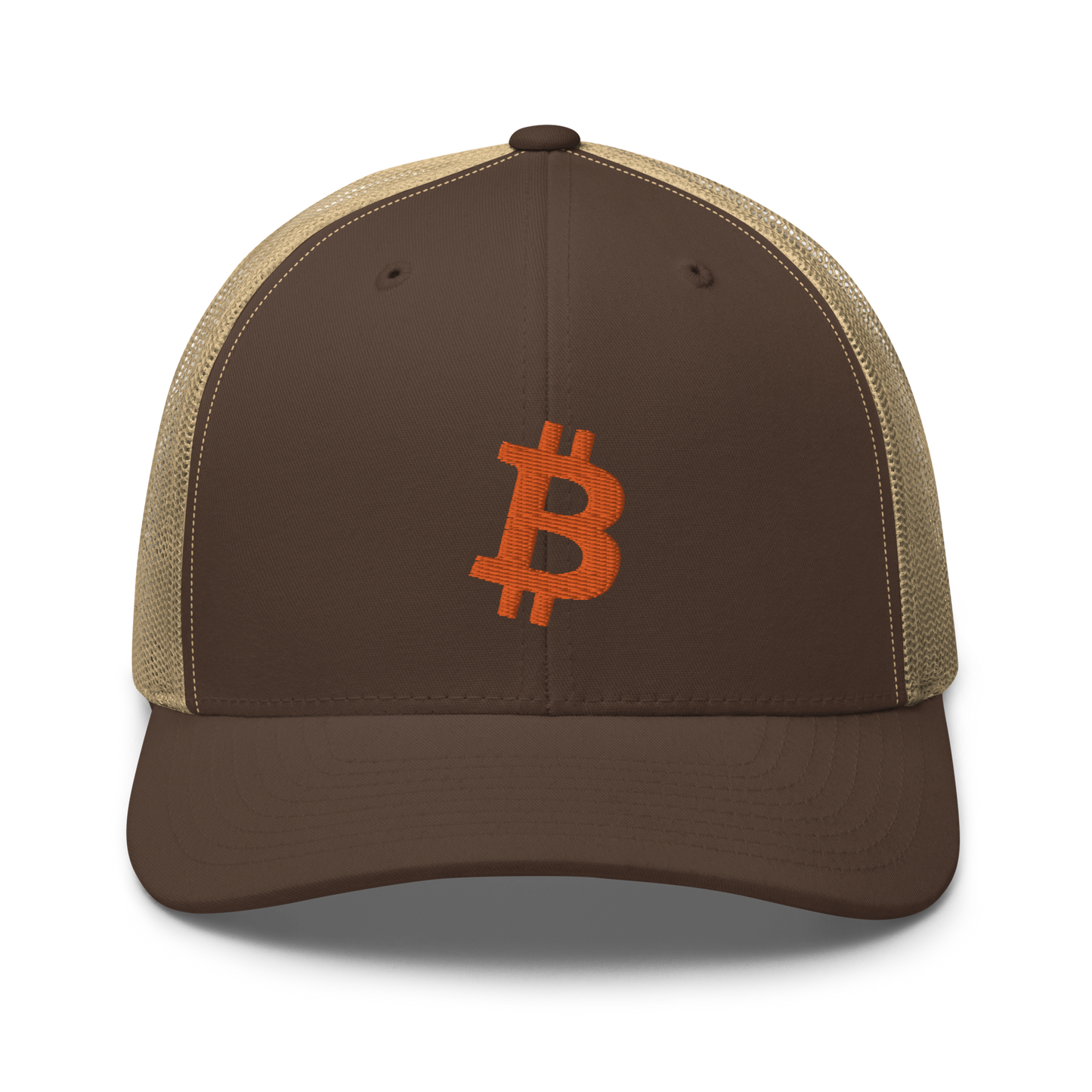 Front view of a brown and khaki bitcoin trucker cap.