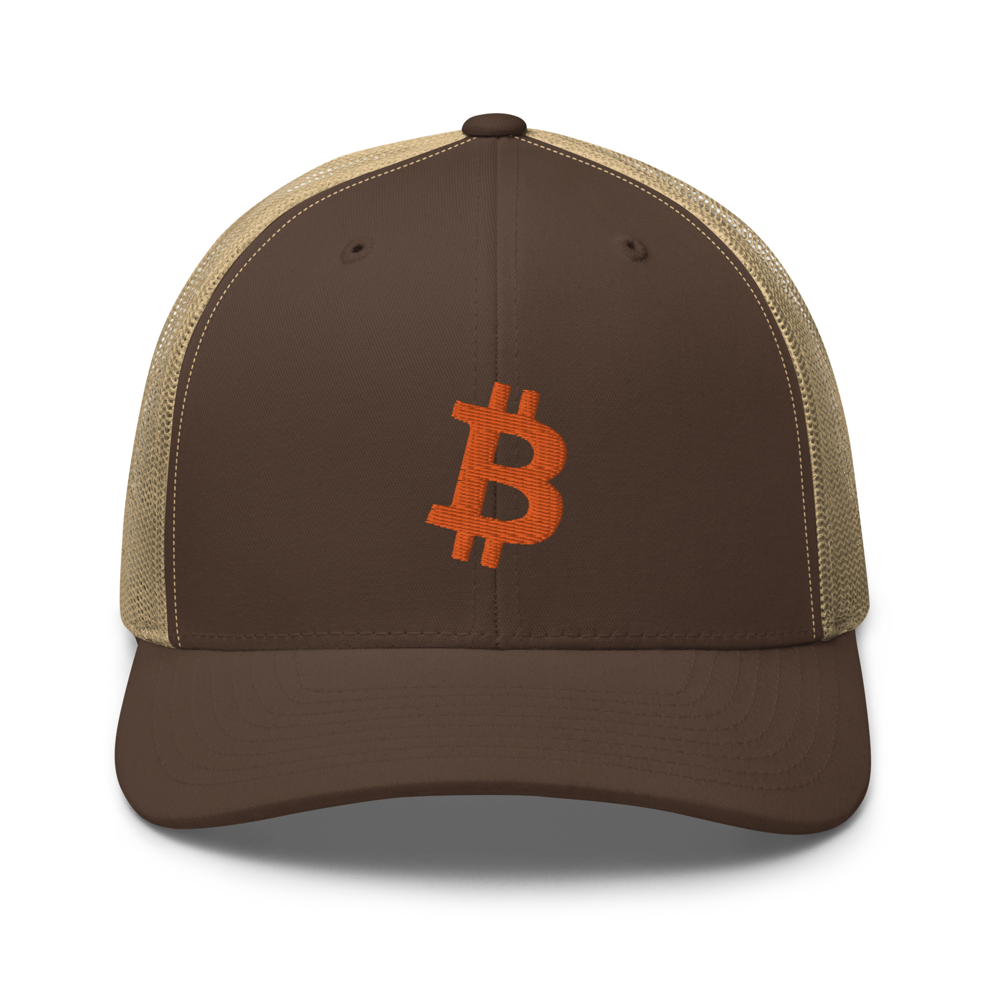 Front view of a brown and khaki bitcoin trucker cap.