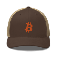 Front view of a brown and khaki bitcoin trucker cap.