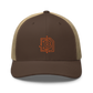 Front view of a brown and khaki bitcoin trucker cap.