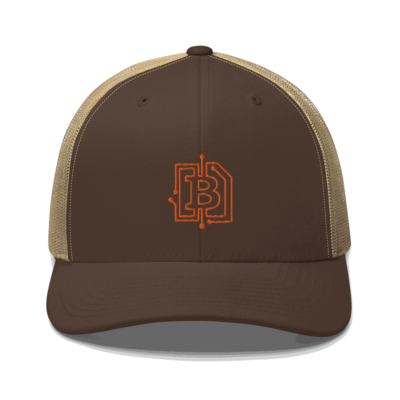 Front view of a brown and khaki bitcoin trucker cap.