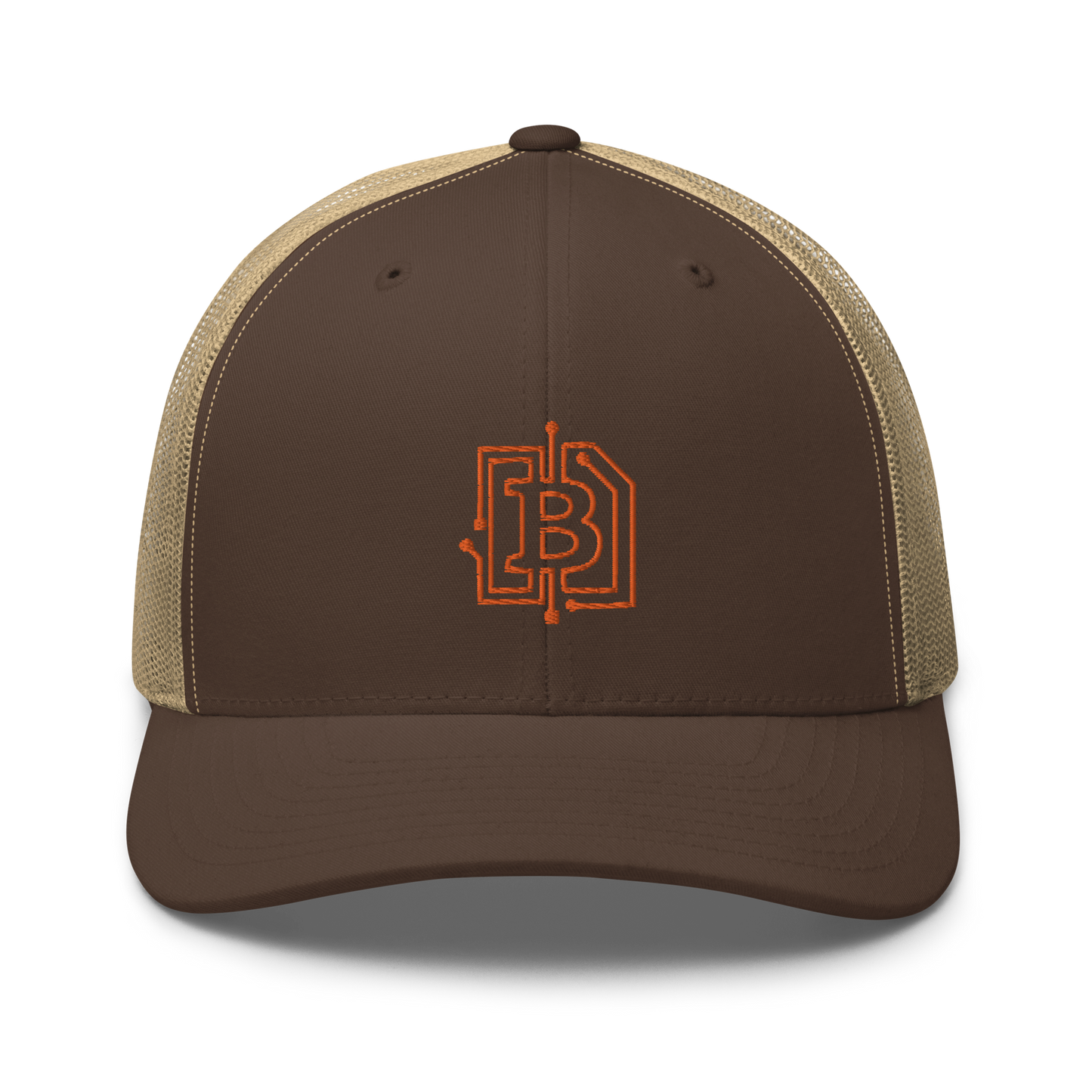 Front view of a brown and khaki bitcoin trucker cap.