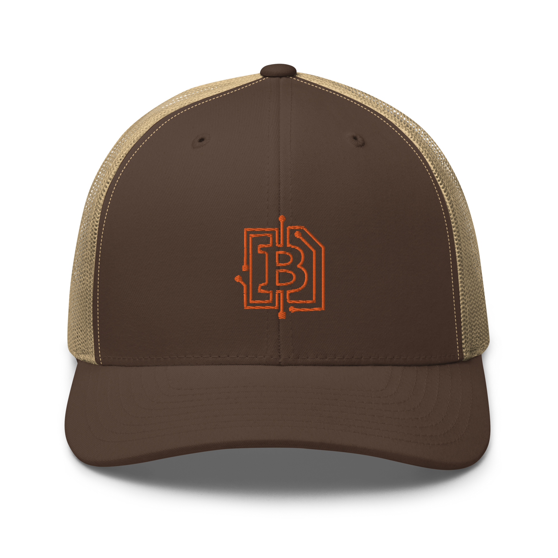 Front view of a brown and khaki bitcoin trucker cap.