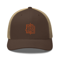 Front view of a brown and khaki bitcoin trucker cap.