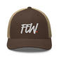 Front view of a brown and khaki bitcoin trucker cap.