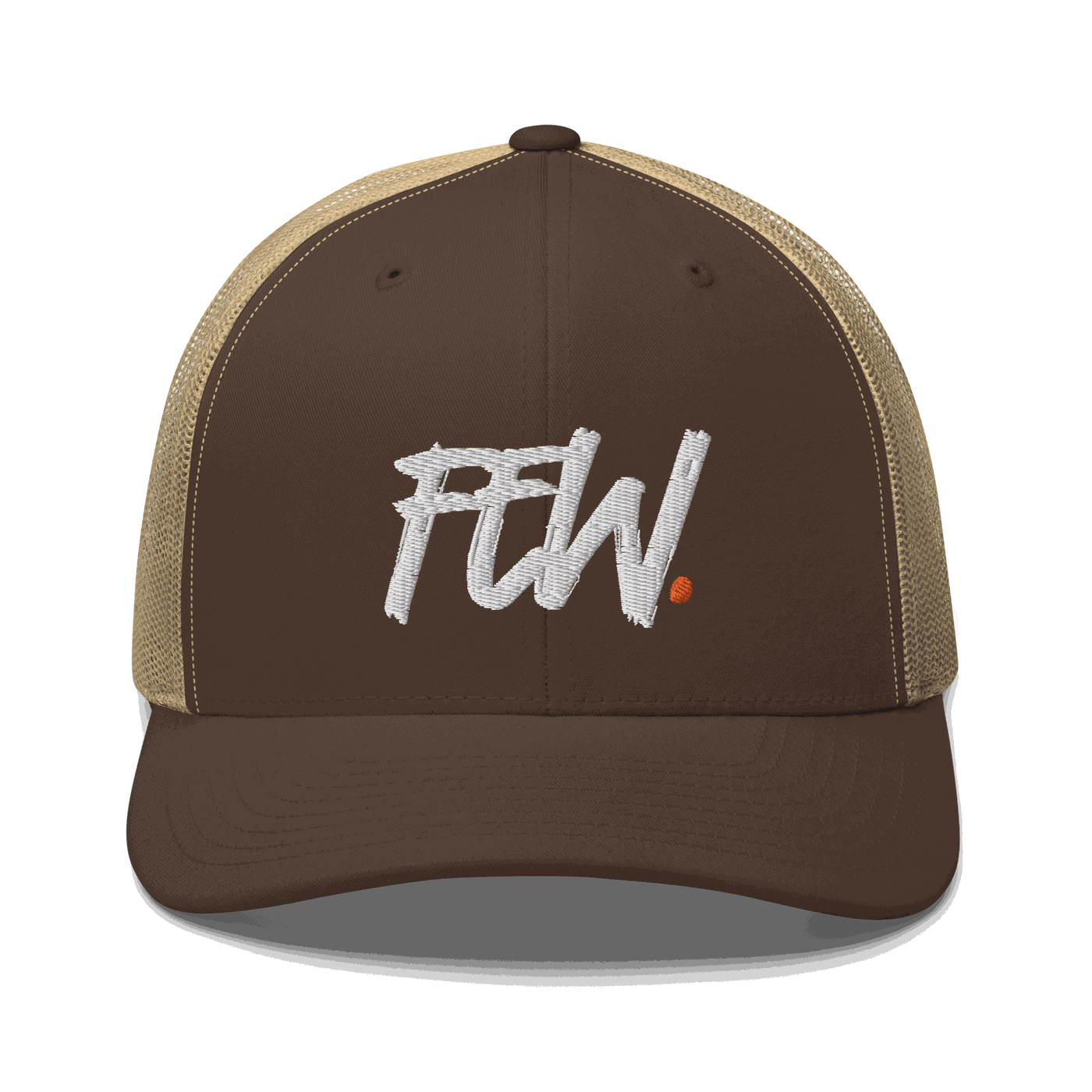 Front view of a brown and khaki bitcoin trucker cap.