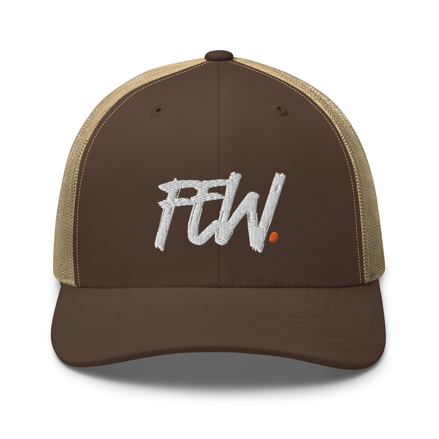 Front view of a brown and khaki bitcoin trucker cap.