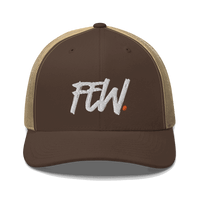 Front view of a brown and khaki bitcoin trucker cap.