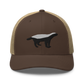 Front view of a brown and khaki bitcoin trucker cap.