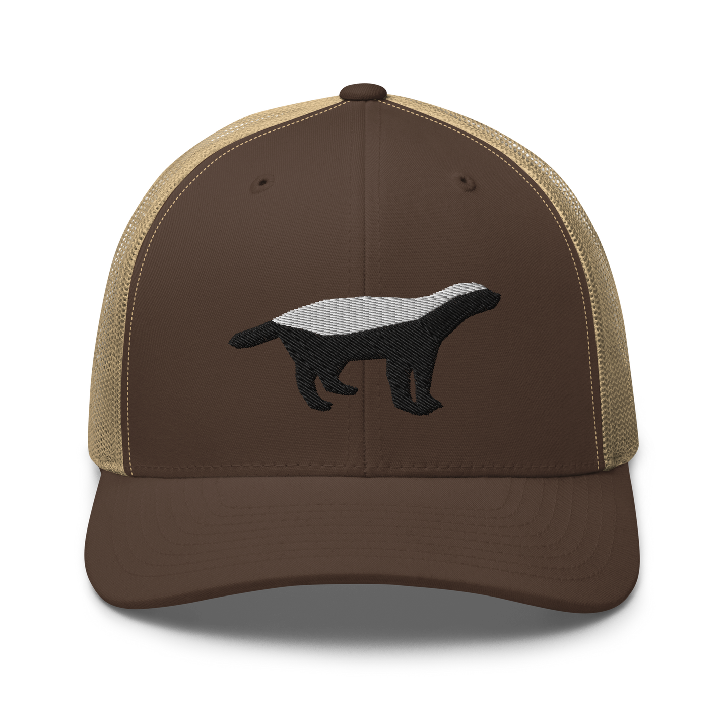 Front view of a brown and khaki bitcoin trucker cap.