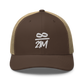 Front view of a brown and khaki bitcoin trucker cap.