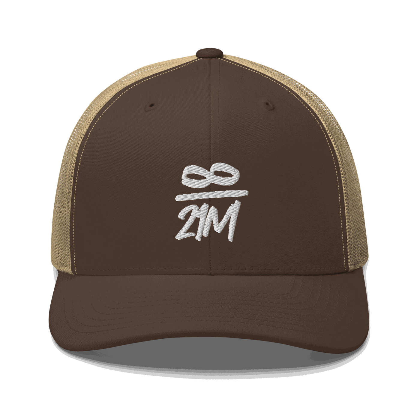 Front view of a brown and khaki bitcoin trucker cap.
