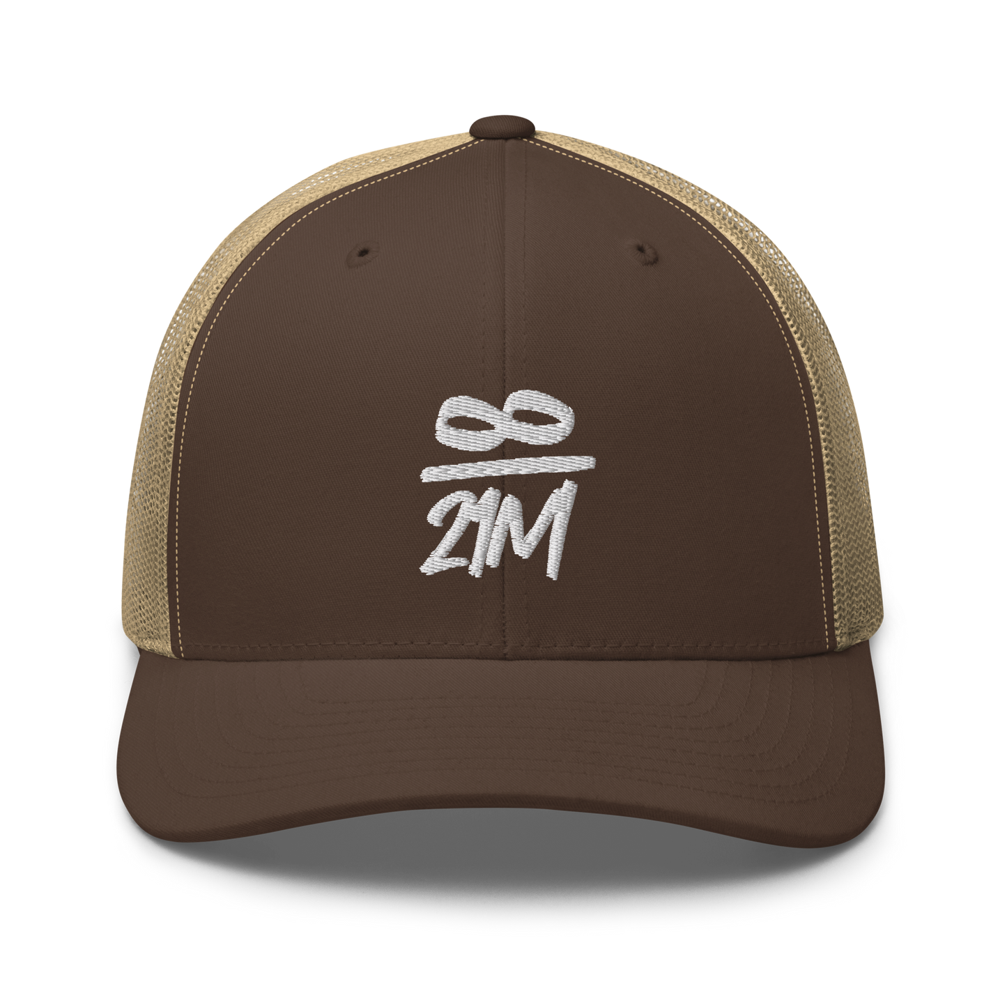 Front view of a brown and khaki bitcoin trucker cap.