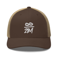 Front view of a brown and khaki bitcoin trucker cap.