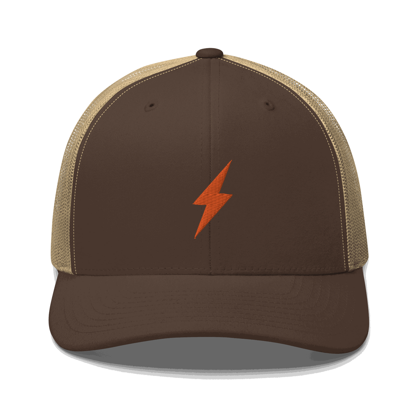Black six-panel Lightning Bitcoin trucker cap with mesh back and embroidered logo