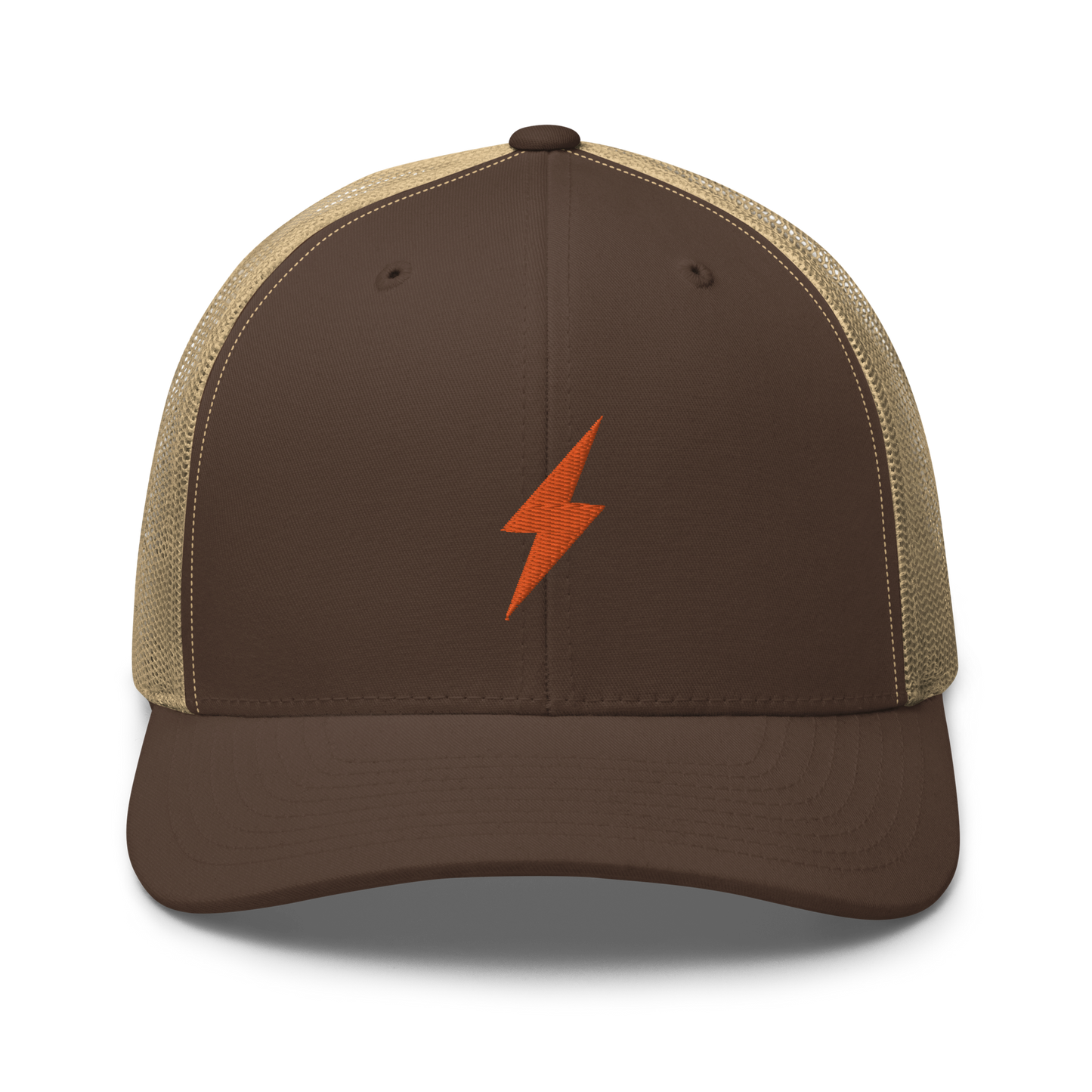 Front view of a brown and khaki bitcoin trucker cap.