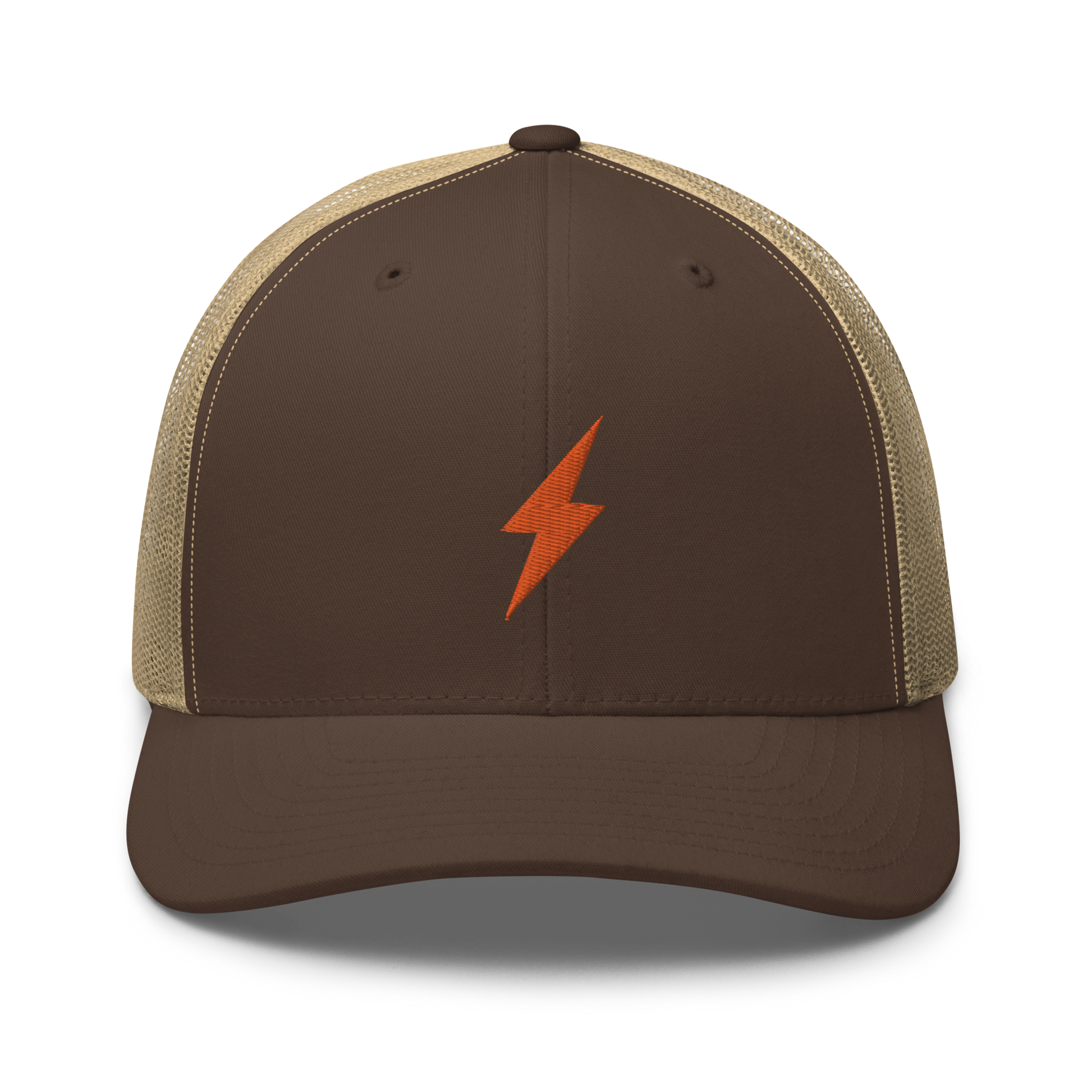 Front view of a brown and khaki bitcoin trucker cap.