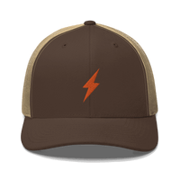 Black six-panel Lightning Bitcoin trucker cap with mesh back and embroidered logo