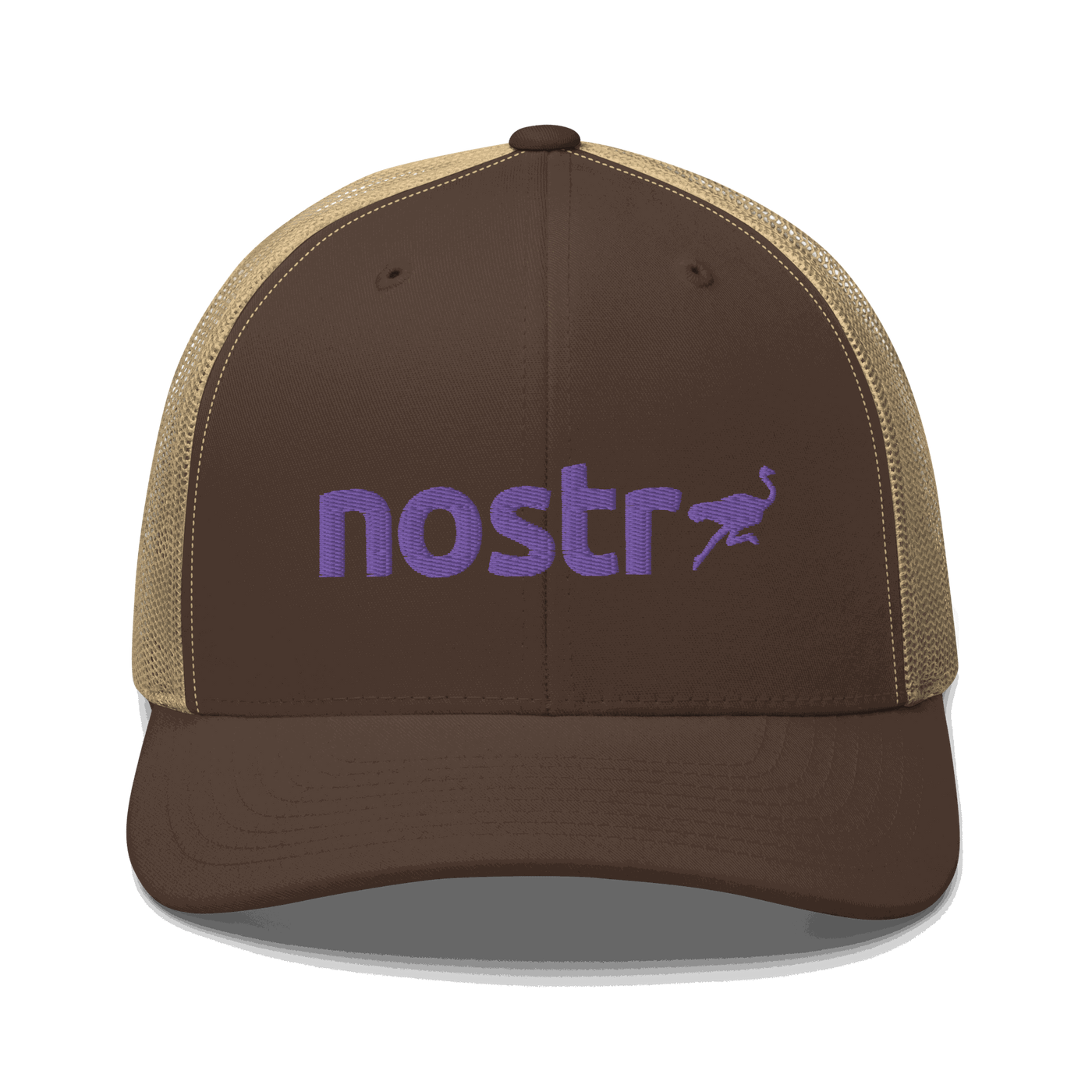 Front view of a brown and khaki bitcoin trucker cap.
