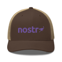 Front view of a brown and khaki bitcoin trucker cap.