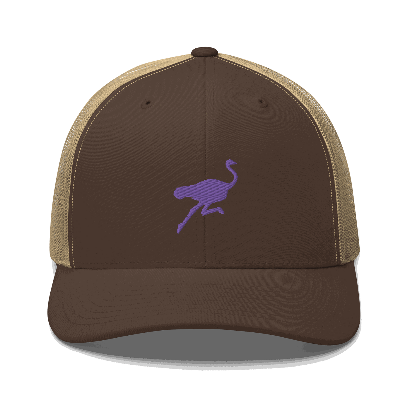 Front view of a brown and khaki bitcoin trucker cap.