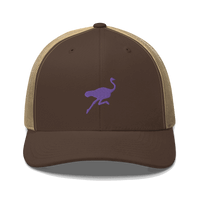 Front view of a brown and khaki bitcoin trucker cap.