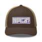 Front view of a brown and khaki bitcoin trucker cap.