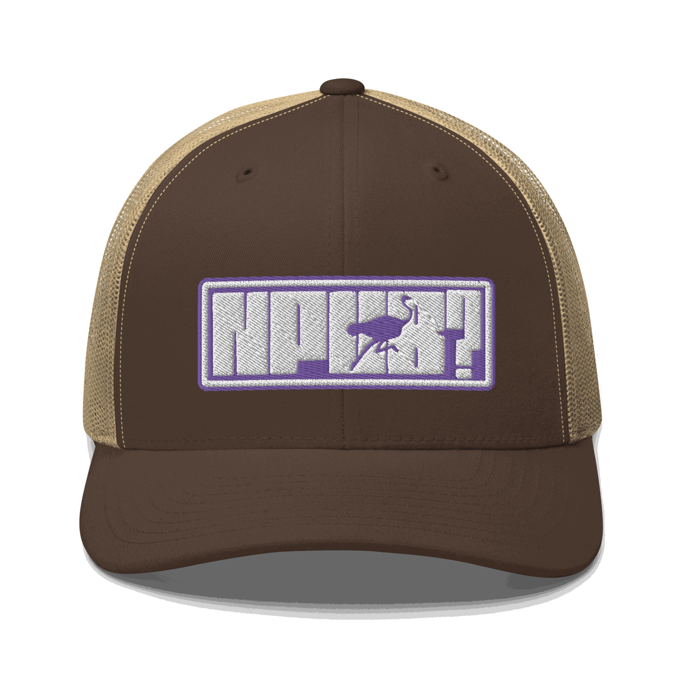 Front view of a brown and khaki bitcoin trucker cap.