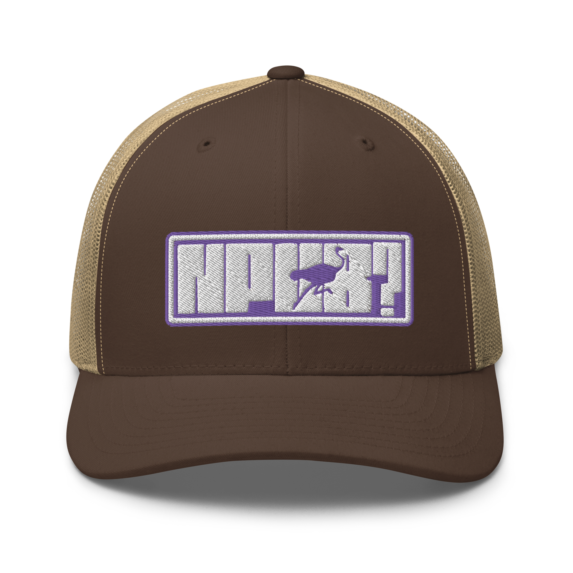 Front view of a brown and khaki bitcoin trucker cap.