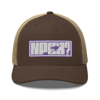 Front view of a brown and khaki bitcoin trucker cap.