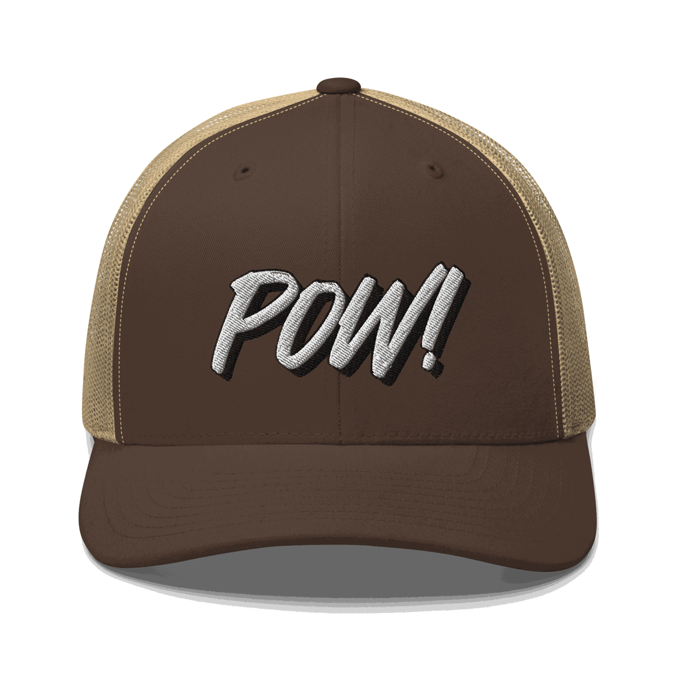 Front view of a brown and khaki bitcoin trucker cap.