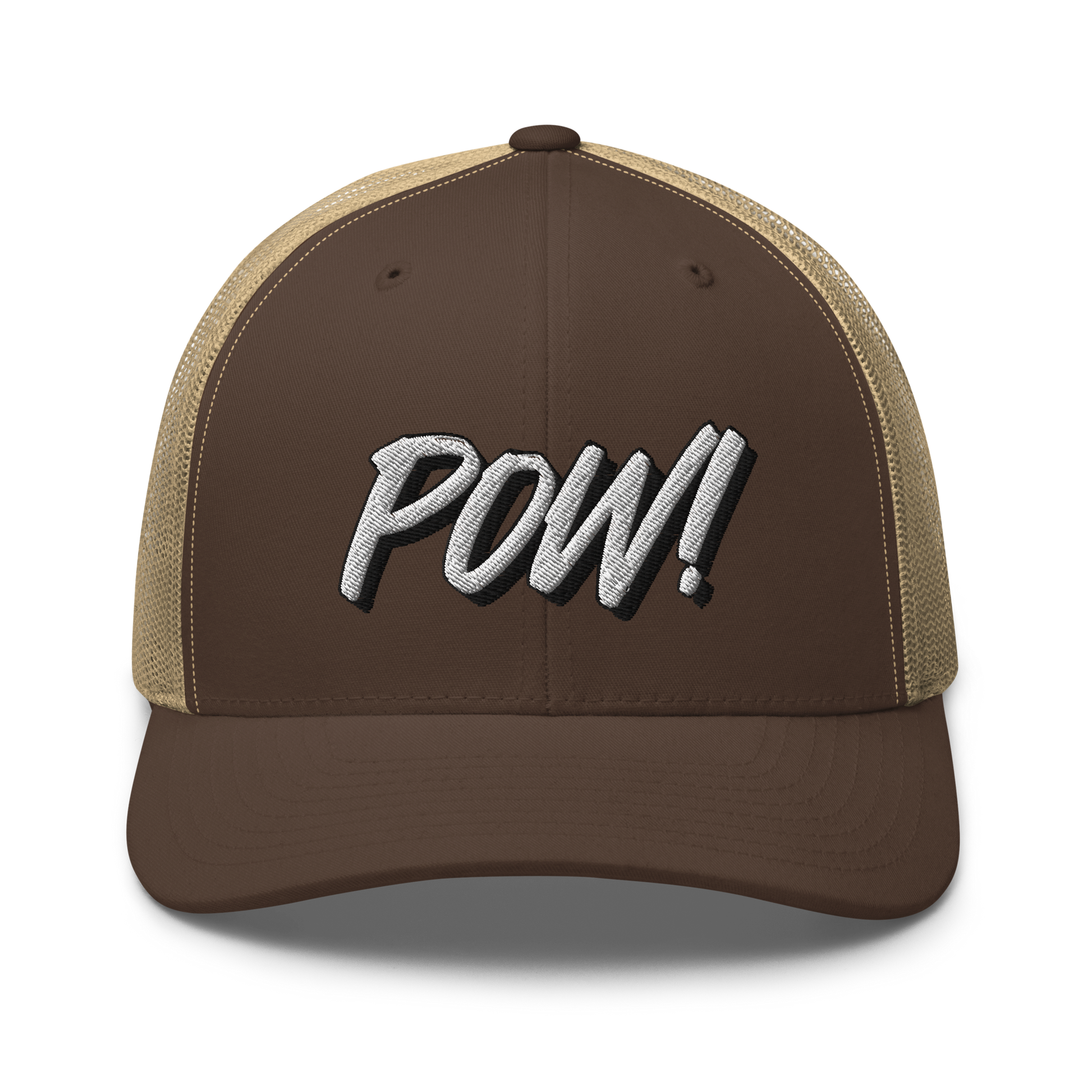 Front view of a brown and khaki bitcoin trucker cap.