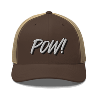Front view of a brown and khaki bitcoin trucker cap.