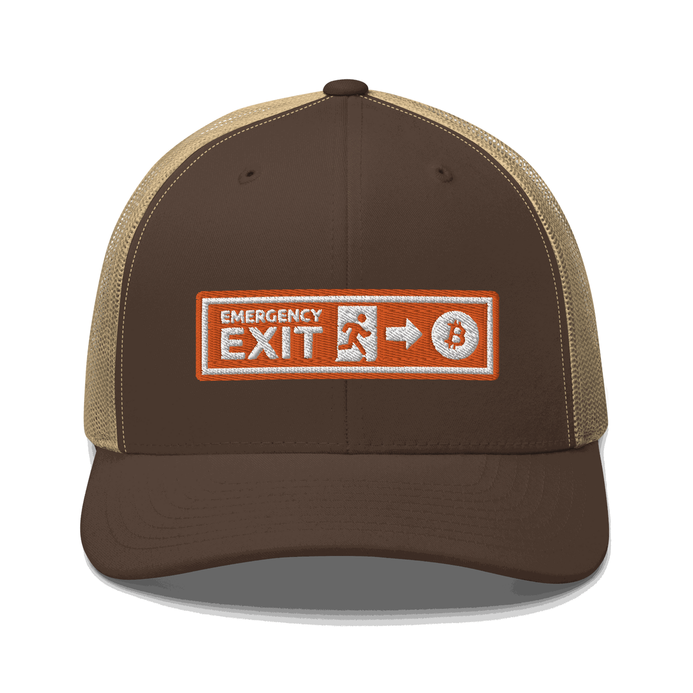 Front view of a brown and khaki bitcoin trucker cap.