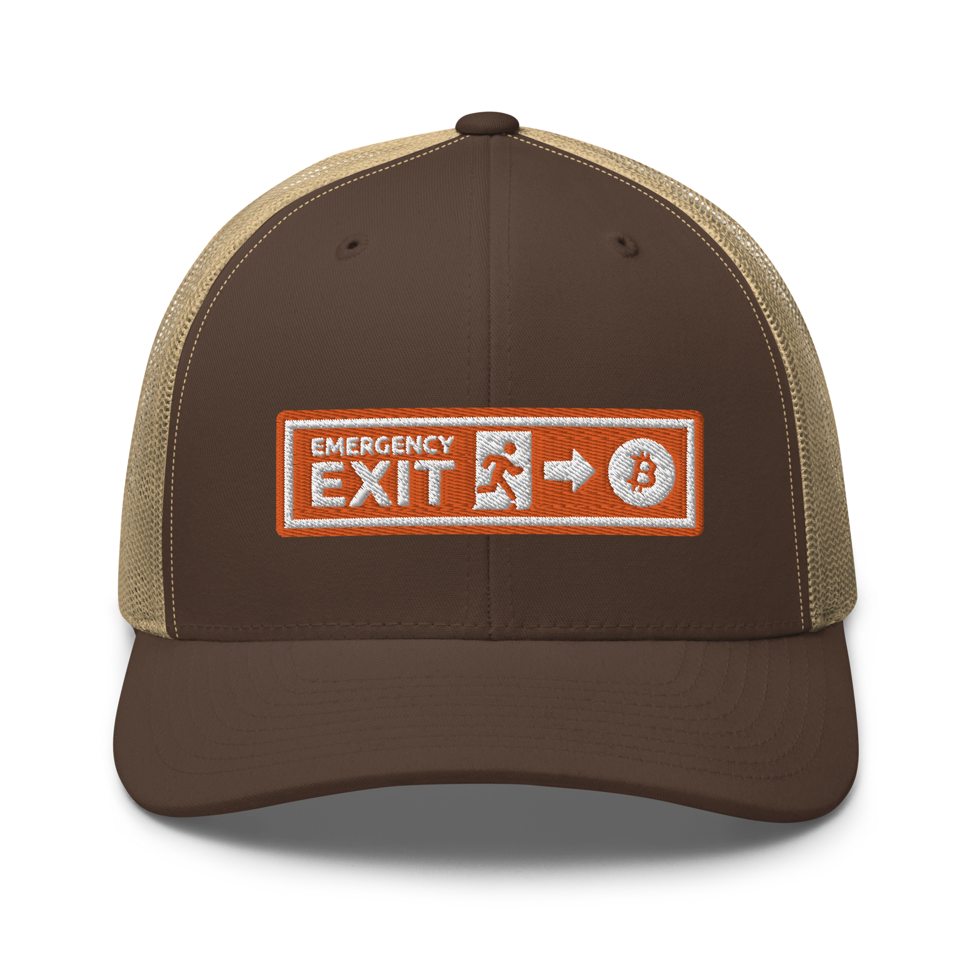 Front view of a brown and khaki bitcoin trucker cap.