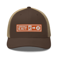 Front view of a brown and khaki bitcoin trucker cap.