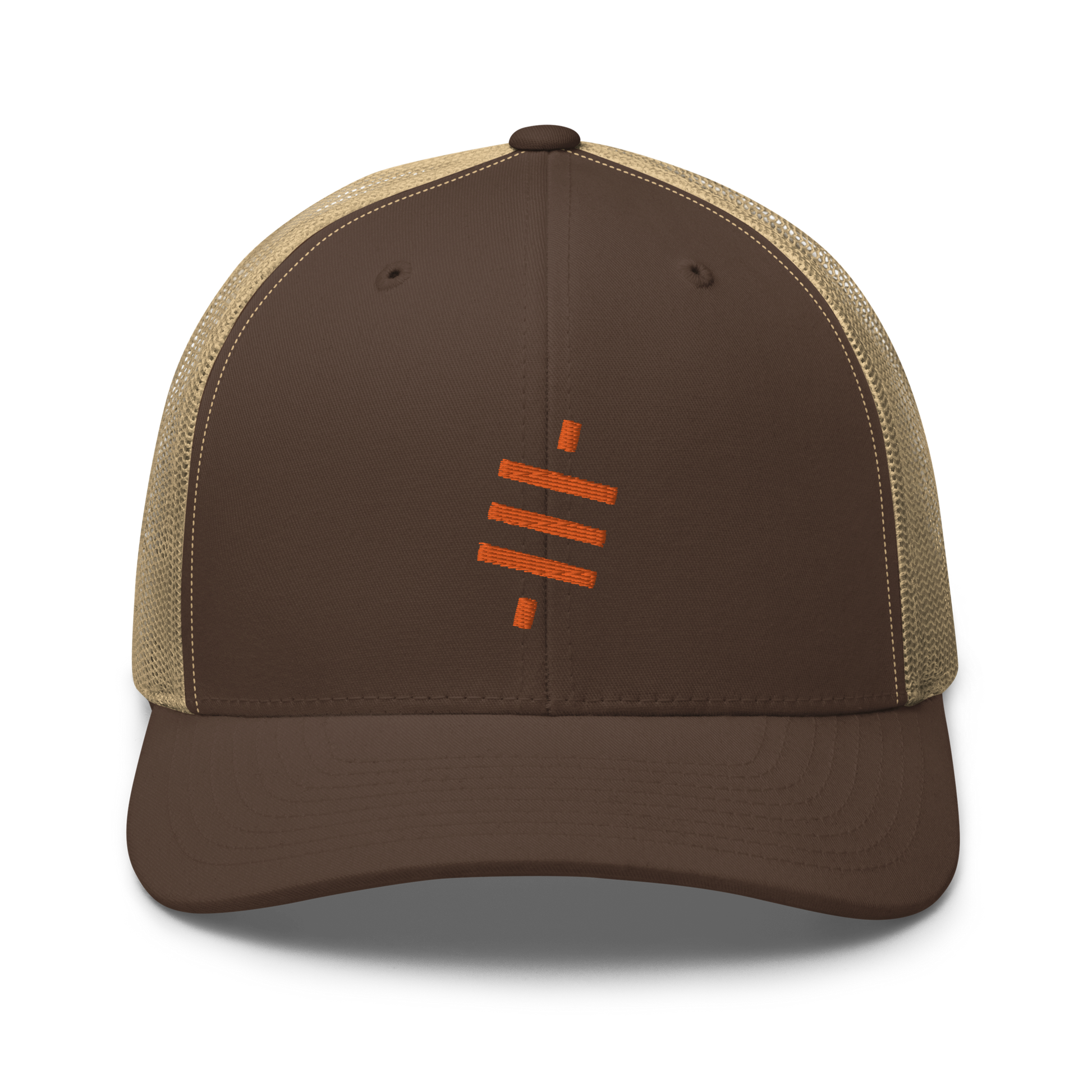 Front view of a brown and khaki bitcoin trucker cap.