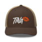 Front view of a brown and khaki bitcoin trucker cap.