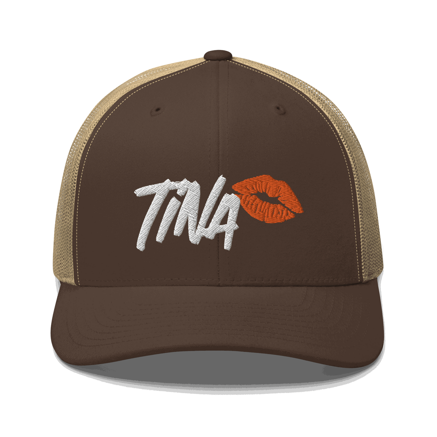 Front view of a brown and khaki bitcoin trucker cap.
