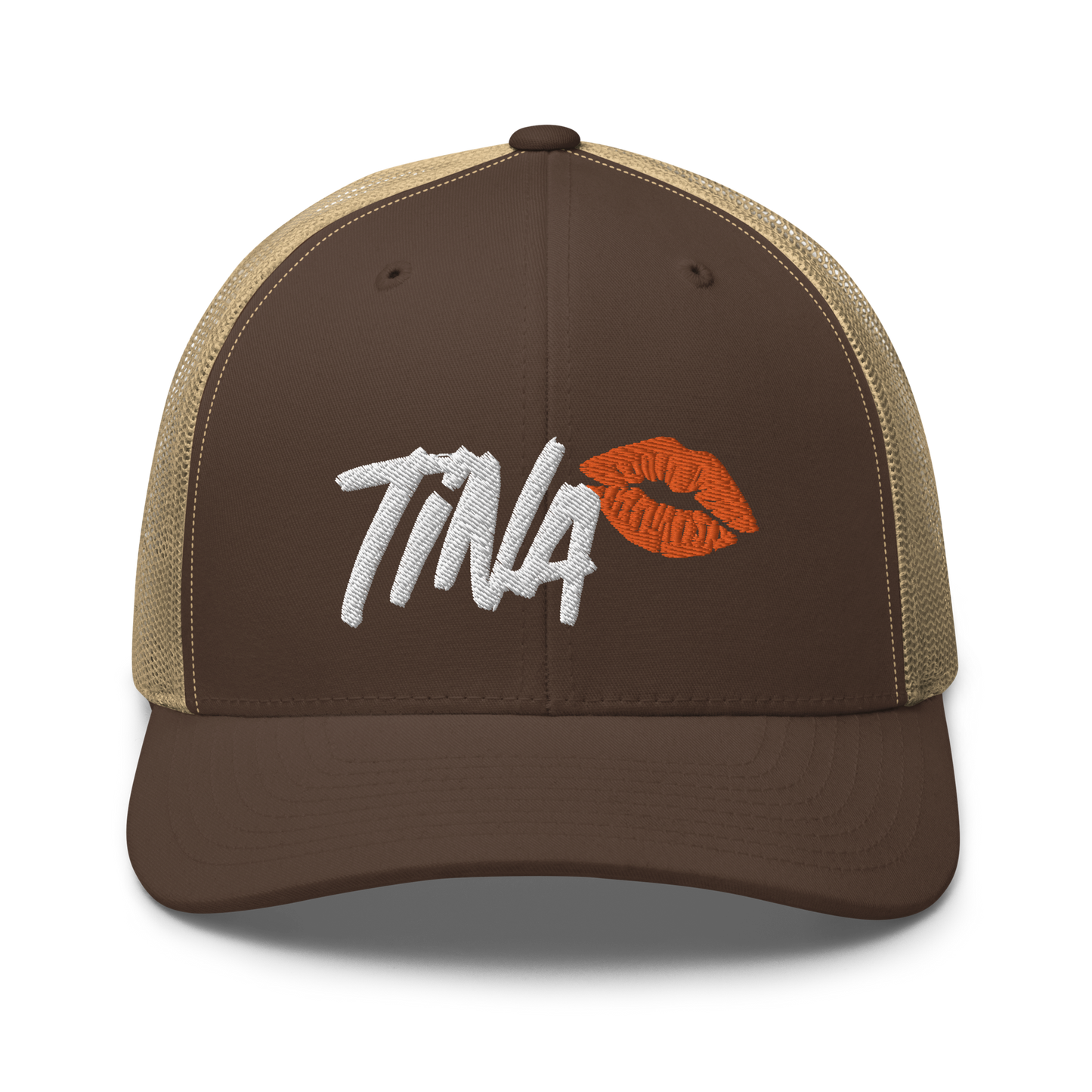 Front view of a brown and khaki bitcoin trucker cap.