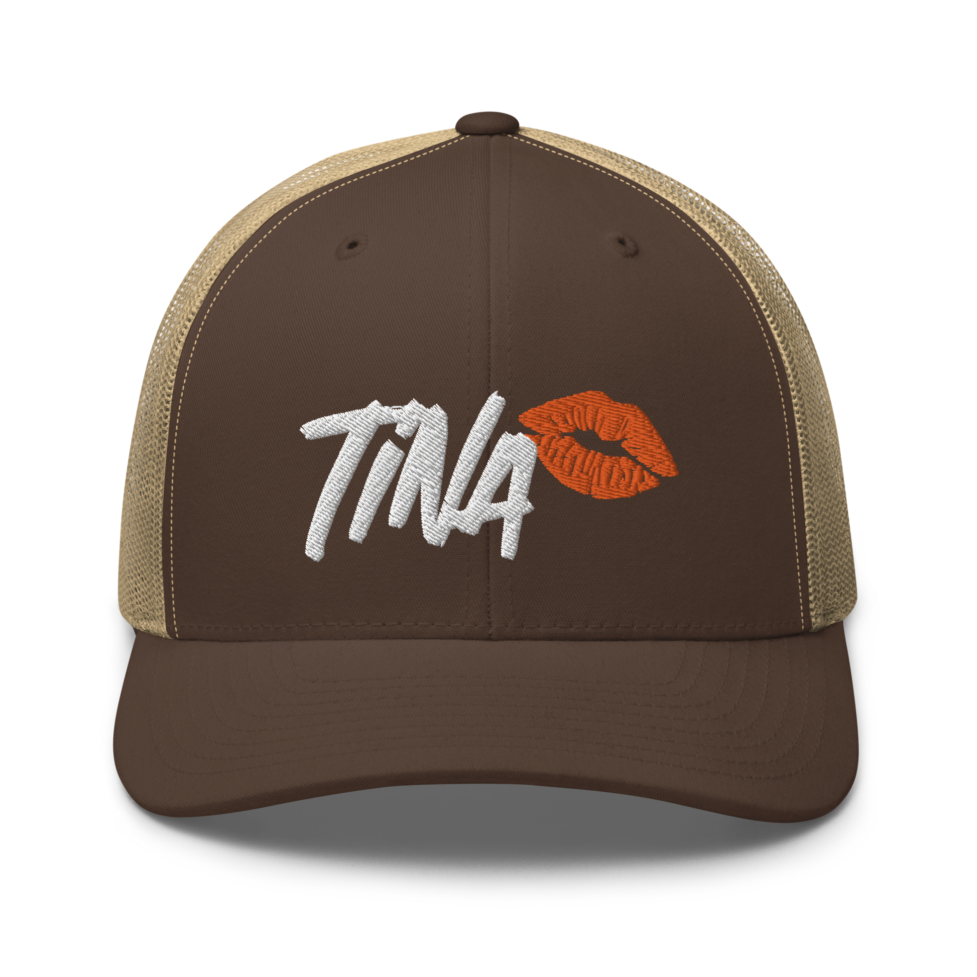 Front view of a brown and khaki bitcoin trucker cap.