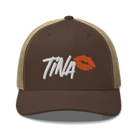 Front view of a brown and khaki bitcoin trucker cap.