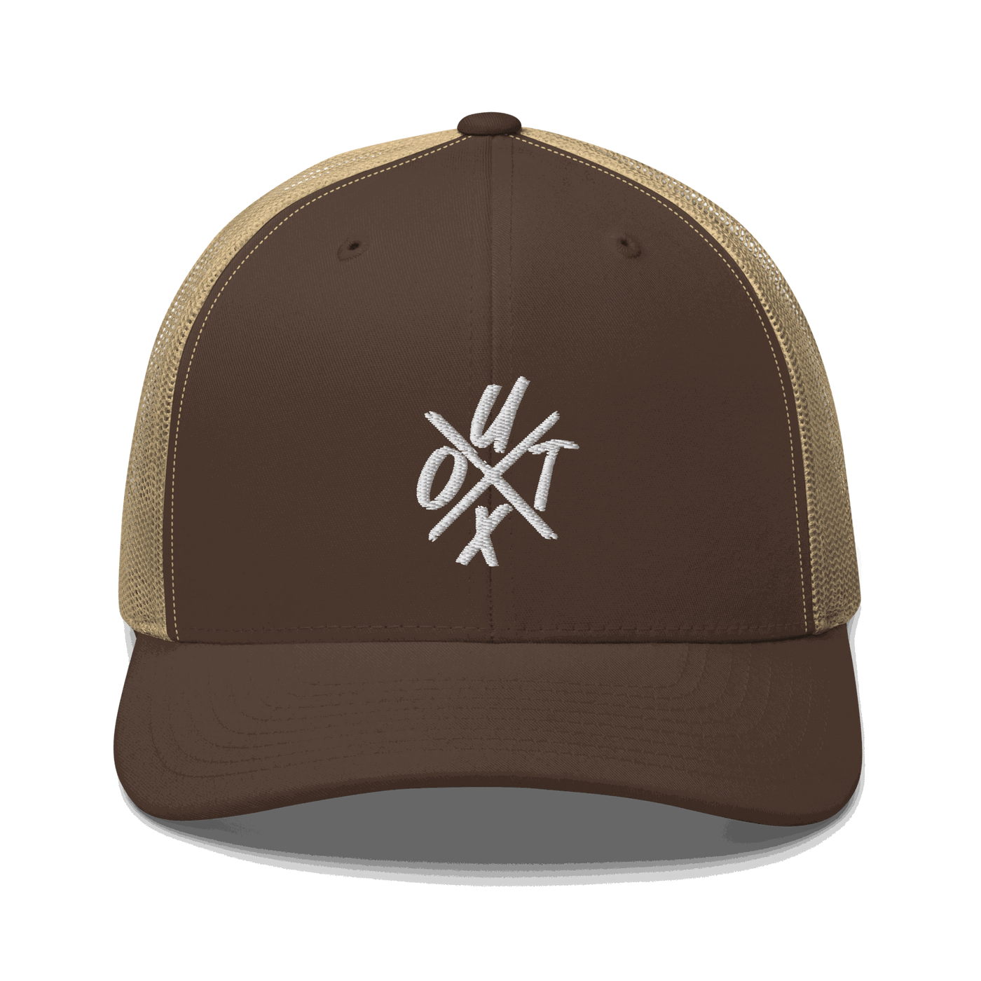 Front view of a brown and khaki bitcoin trucker cap.