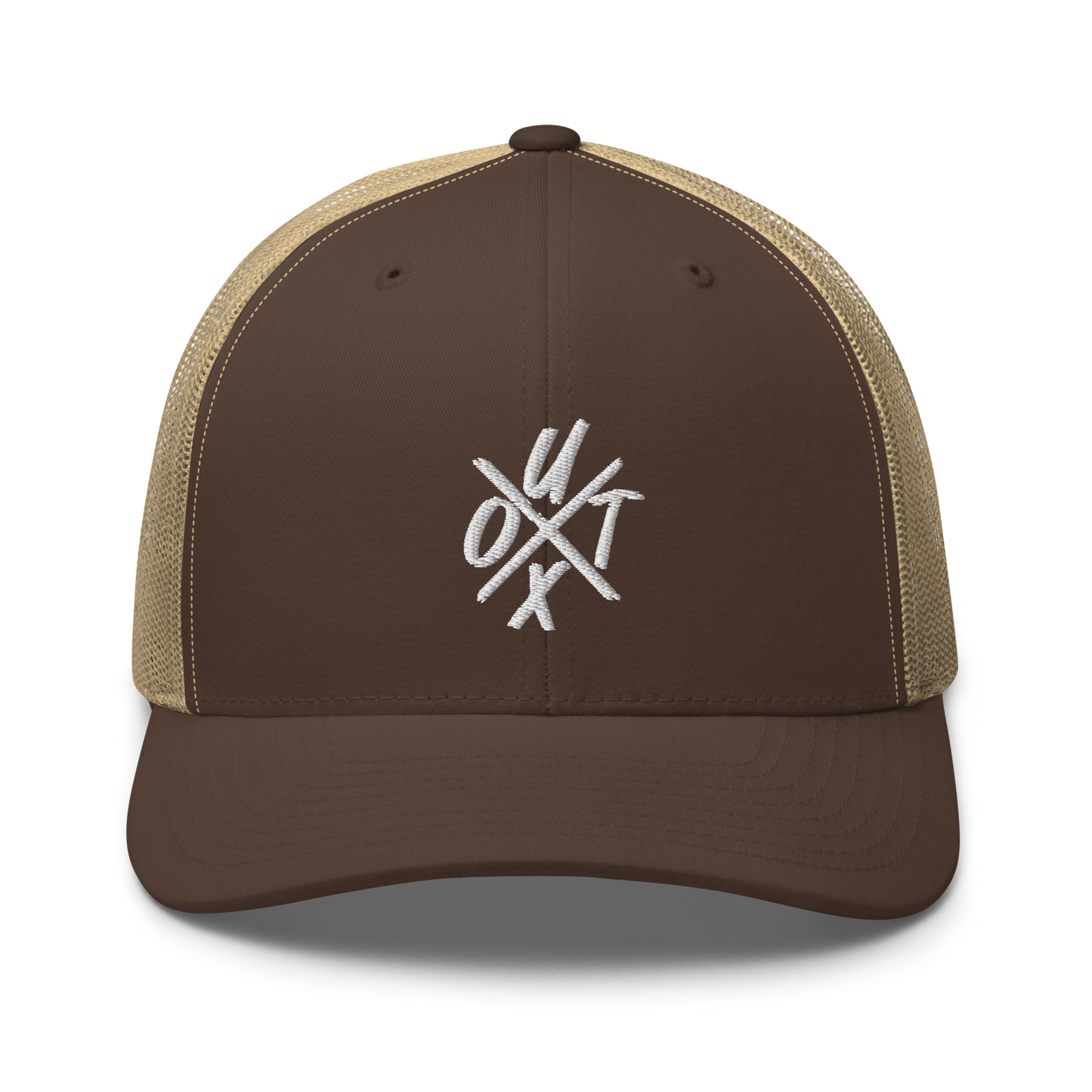 Front view of a brown and khaki bitcoin trucker cap.