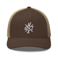 Front view of a brown and khaki bitcoin trucker cap.