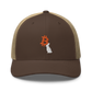 Front view of a brown and khaki bitcoin trucker cap.