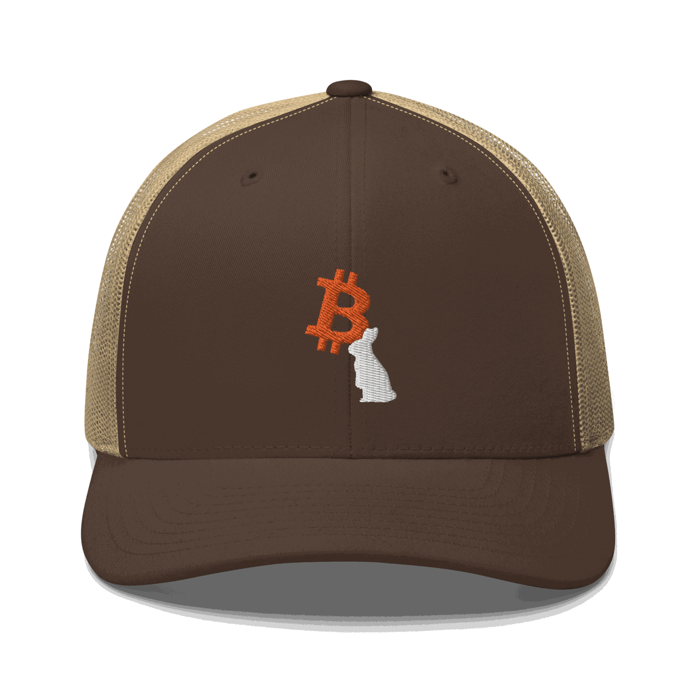 Front view of a brown and khaki bitcoin trucker cap.