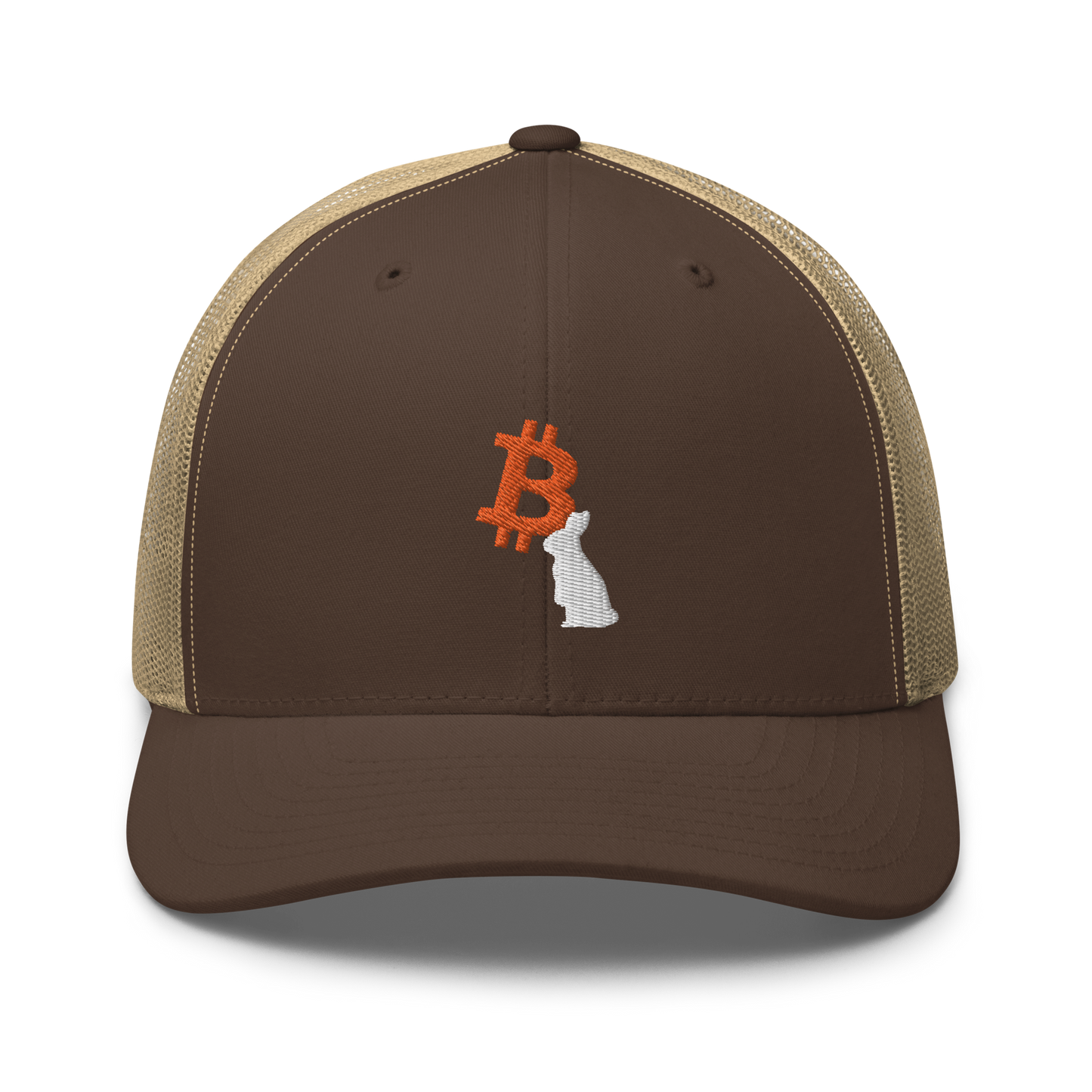 Front view of a brown and khaki bitcoin trucker cap.