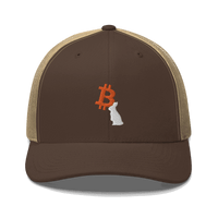 Front view of a brown and khaki bitcoin trucker cap.